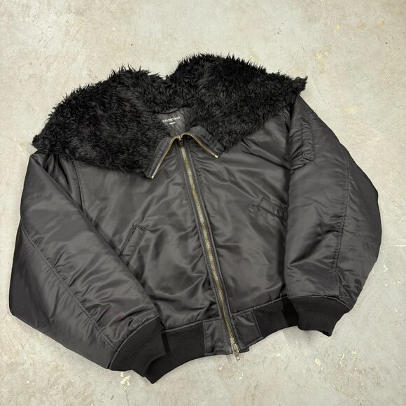 Balenciaga Hooded Bomber Jacket Faux Fur Hood Oversized Zip Blackk Large - Picture 8 of 14